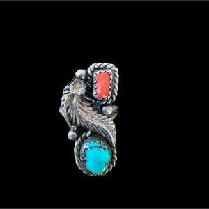 Vintage Sterling Silver Ring With Turquoise & Coral Stones Size 5 Handcrafted